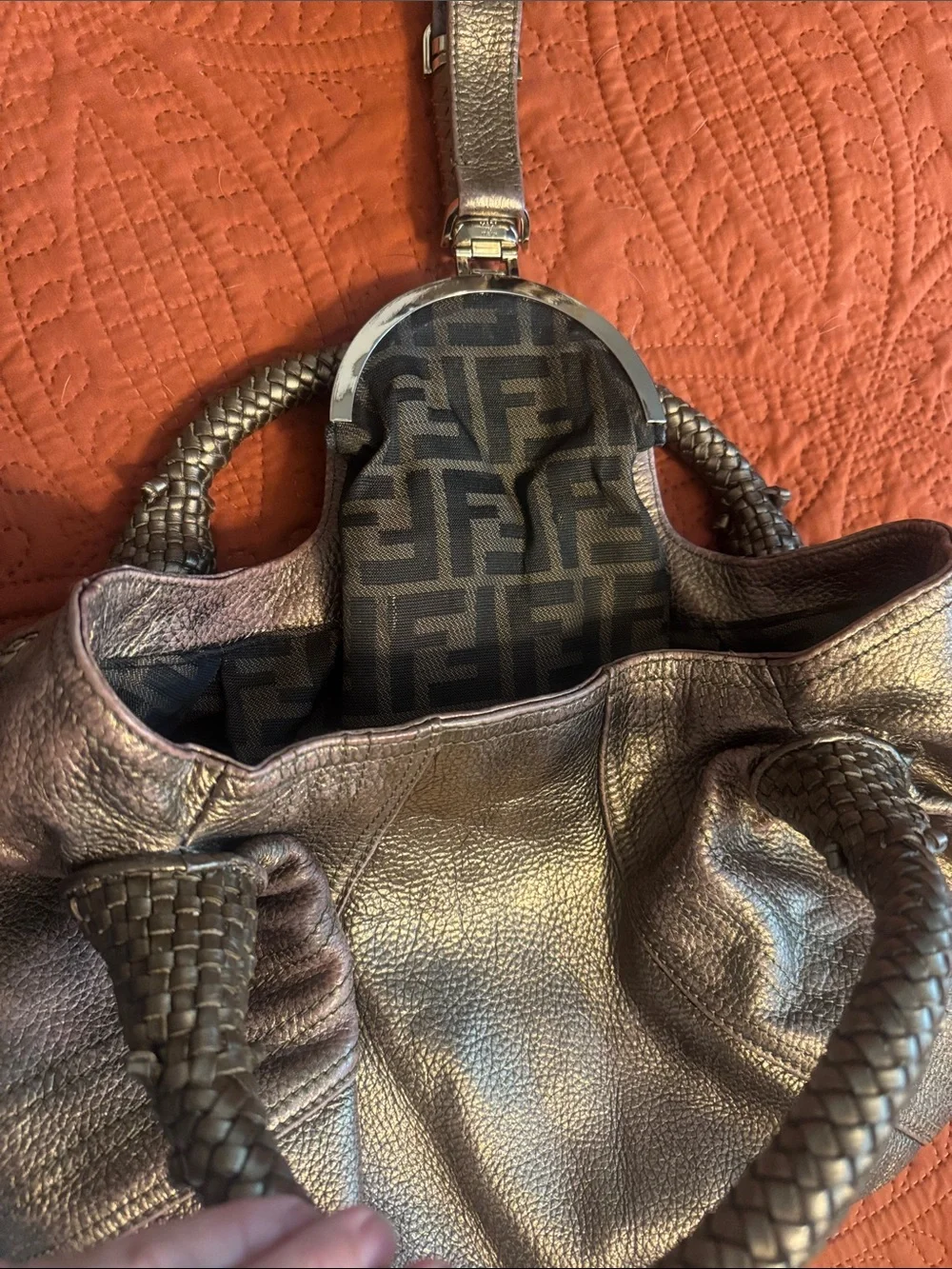 Fendi Spy Metallic Bronze Authentic Women's Woven-Handle Shoulder Bag
